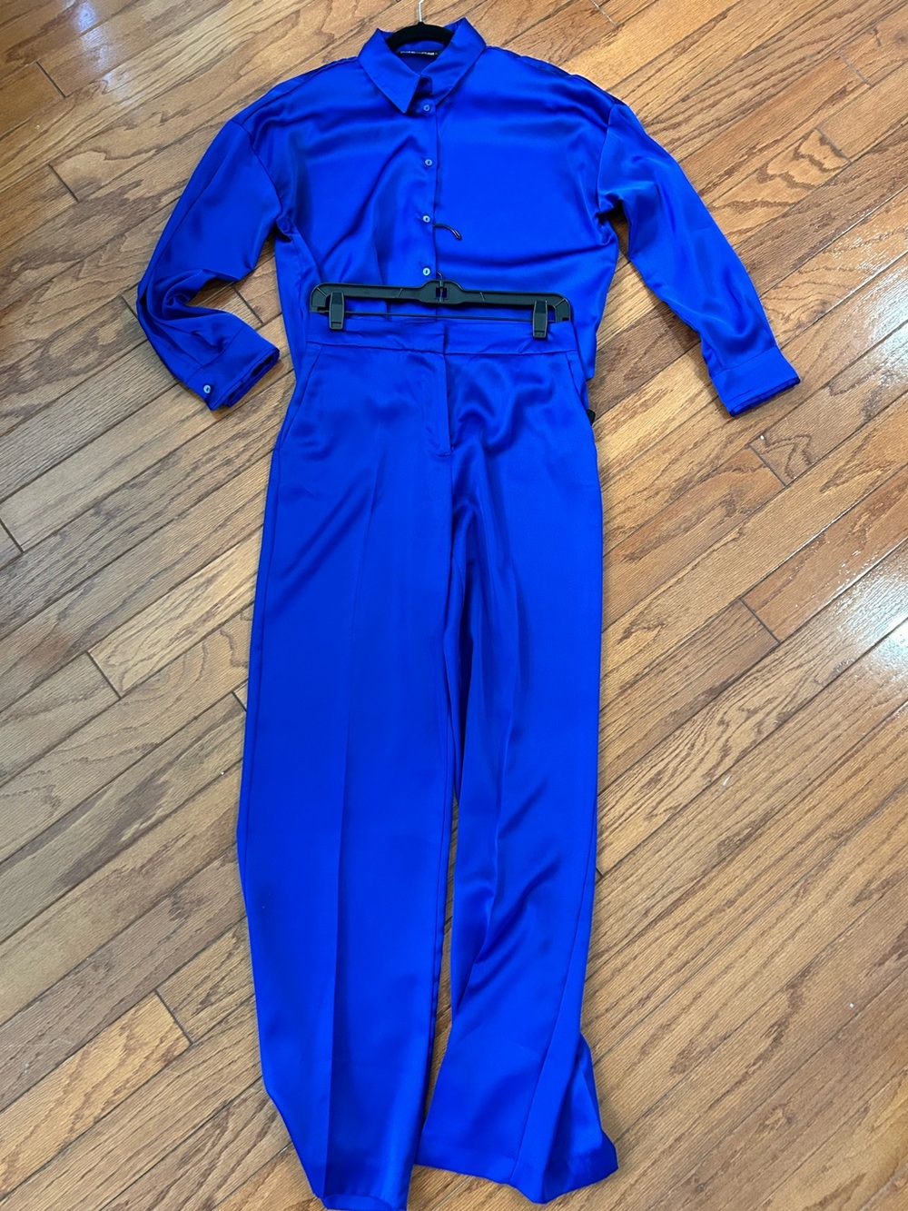 Womens Royal Blue Wide-Leg Pants and Satin top -Zara